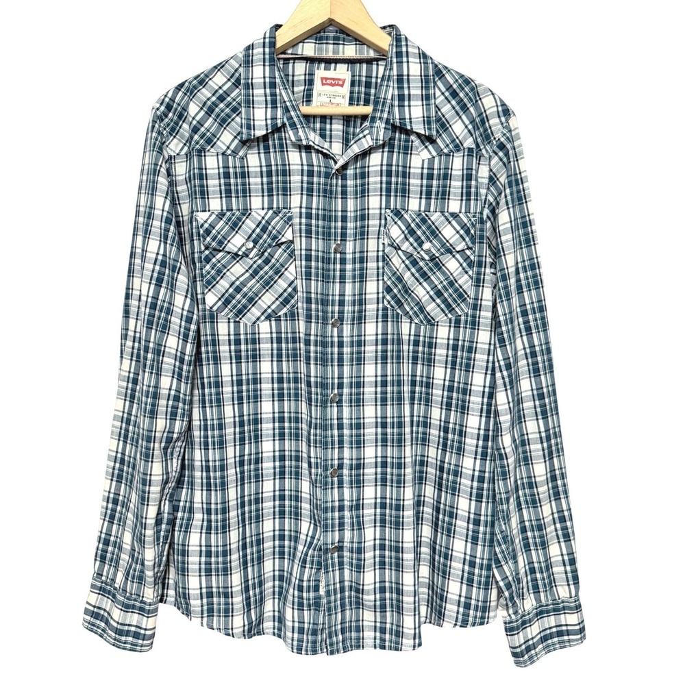 Levis Western Pearl Snap Shirt Mens L Blue Green Plaid Pockets Long Sleeve Top